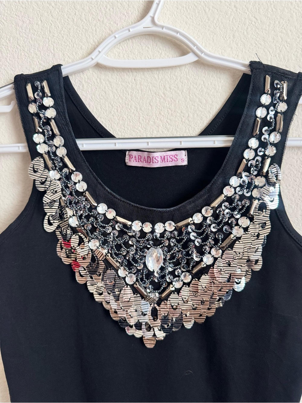Paradis Miss Black Tank Top with Silver Sequin Embellishment (fits XS)